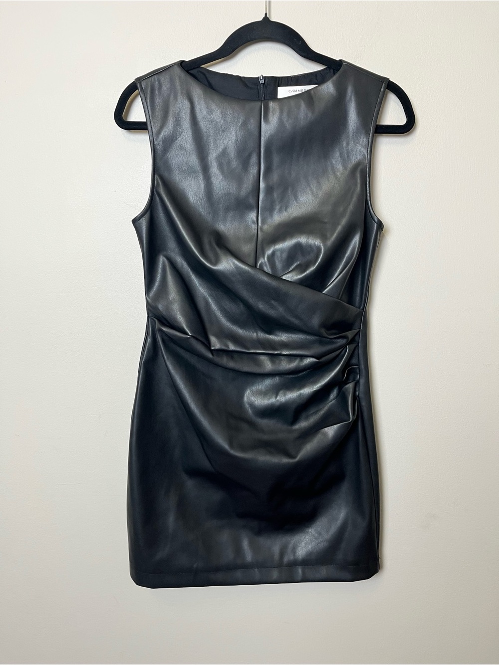 Commence Sleeveless Faux Leather Draped Mini Dress - Black